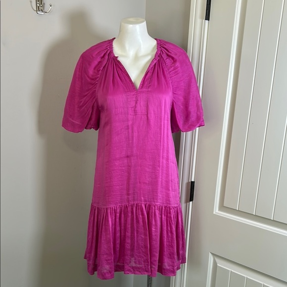 Marie Oliver Greta Linen Silk Blend Mini Dress Pink camellia puff sleeve Sz S - Picture 3 of 13